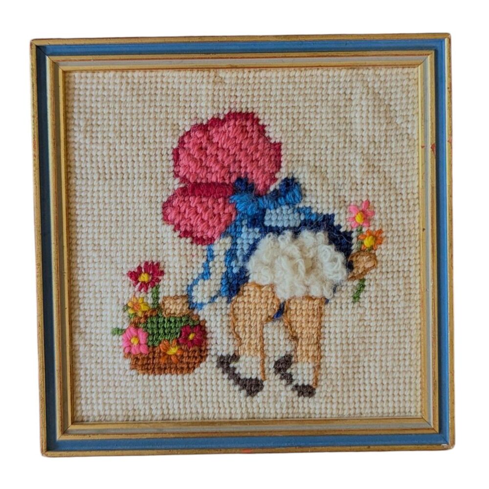 1975 Handmade Needlepoint Fancy Pants Strawberry Shortcake ? Framed Kidcore 5.75